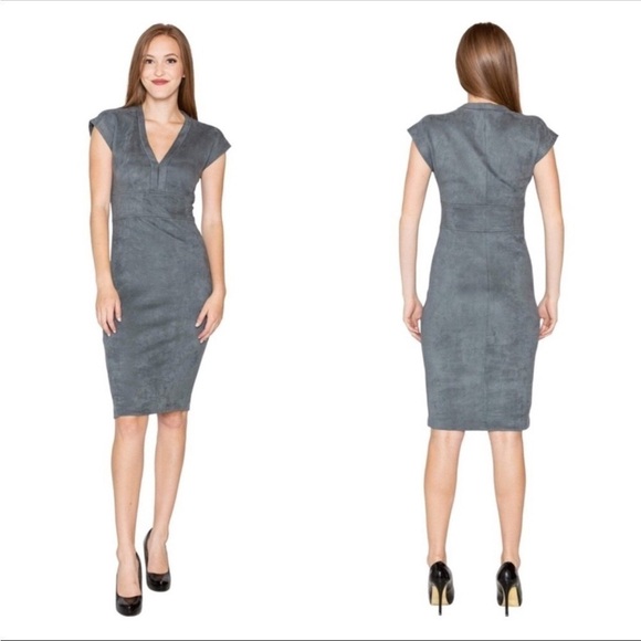 Level 99 Ivan Faux Suede V-Neck Sheath Dress Clearwater Gray Size L Minimalist - Picture 12 of 12